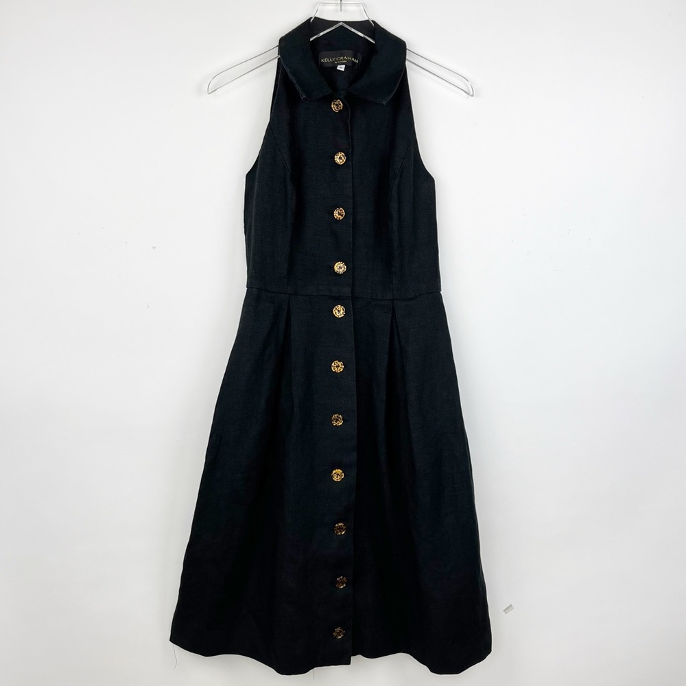 Vintage Kelly Graham Black Linen A Line Button Down Shirt Dress Top